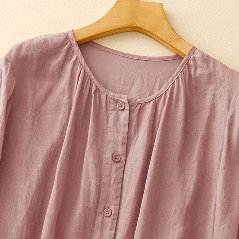 Camicia da donna in misto cotone con maniche a tre quarti e scollo rotondo con bottoni semplici e motivo Buddha Stones - image 6