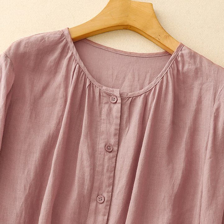 Camicia da donna in misto cotone con maniche a tre quarti e scollo rotondo con bottoni semplici e motivo Buddha Stones - image 6