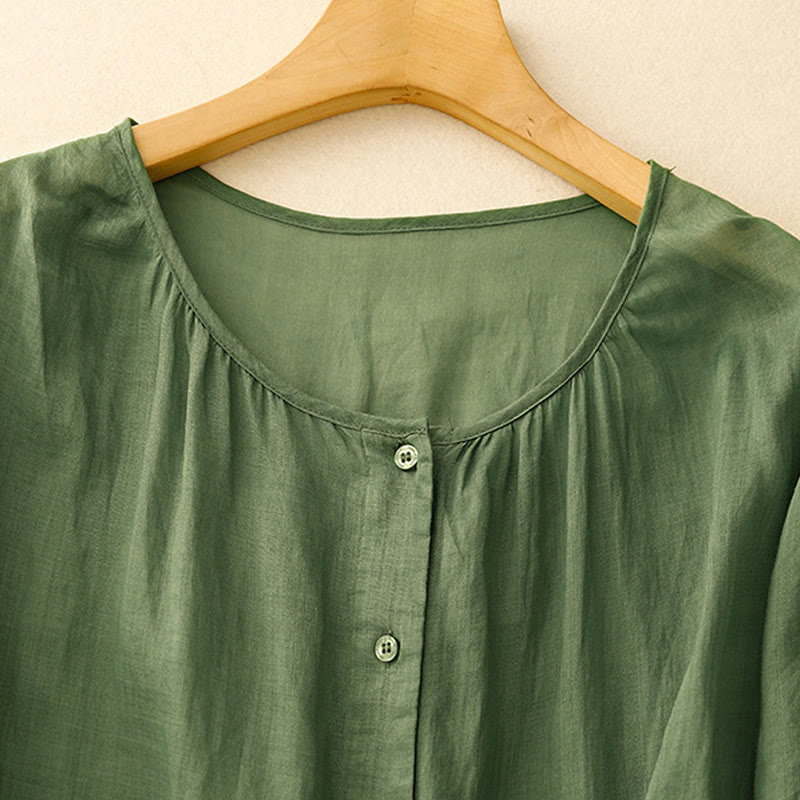 Camicia da donna in misto cotone con maniche a tre quarti e scollo rotondo con bottoni semplici e motivo Buddha Stones - image 22