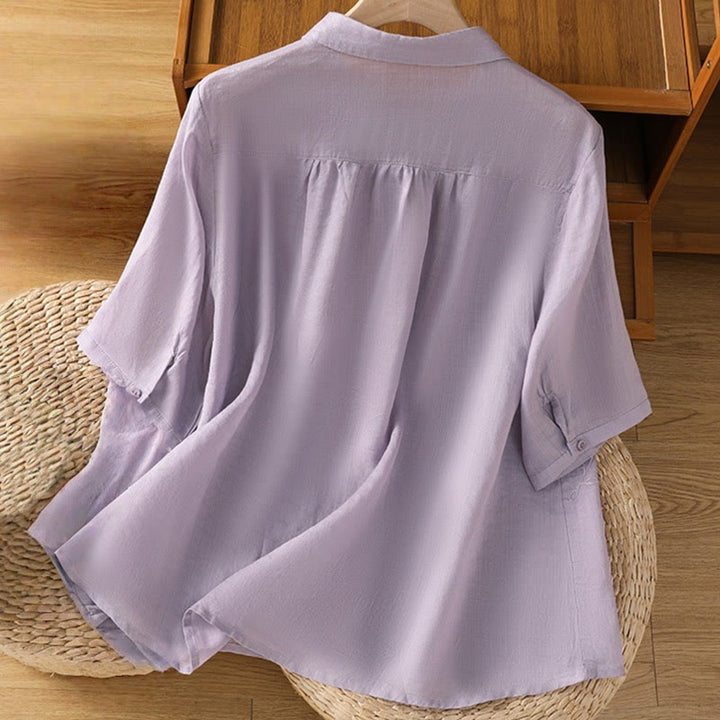 Camicia da donna in cotone a maniche corte con colletto rialzato, bottoni frontali ricamati con Buddha Stones