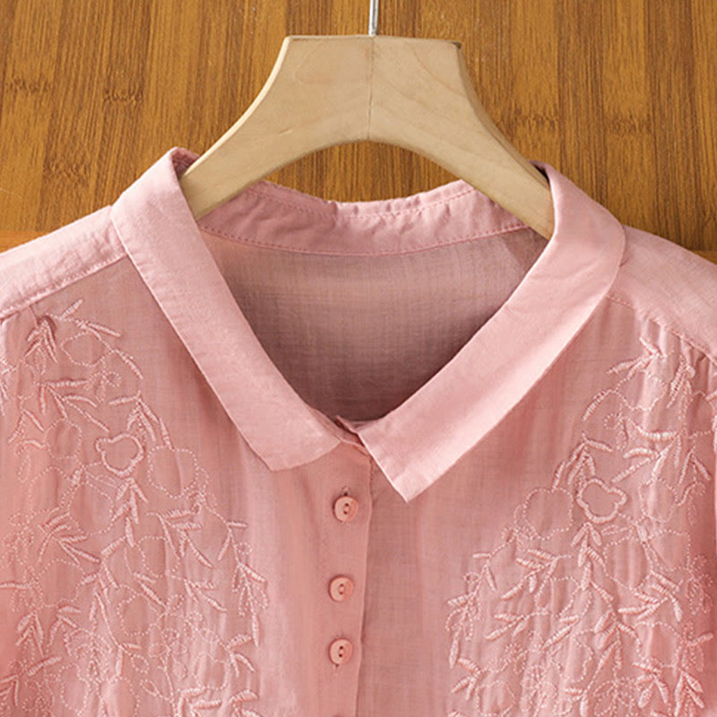 Camicia da donna in cotone a maniche corte con colletto rialzato, bottoni frontali ricamati con Buddha Stones