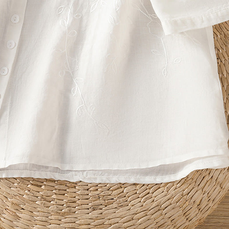 Camicia da donna in cotone a maniche corte con colletto rialzato, bottoni frontali ricamati con Buddha Stones