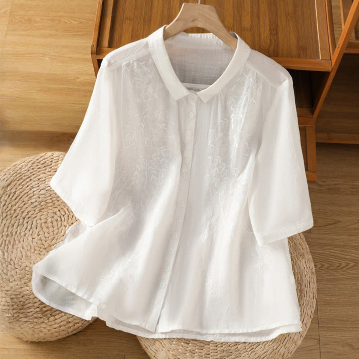 Camicia da donna in cotone a maniche corte con colletto rialzato, bottoni frontali ricamati con Buddha Stones