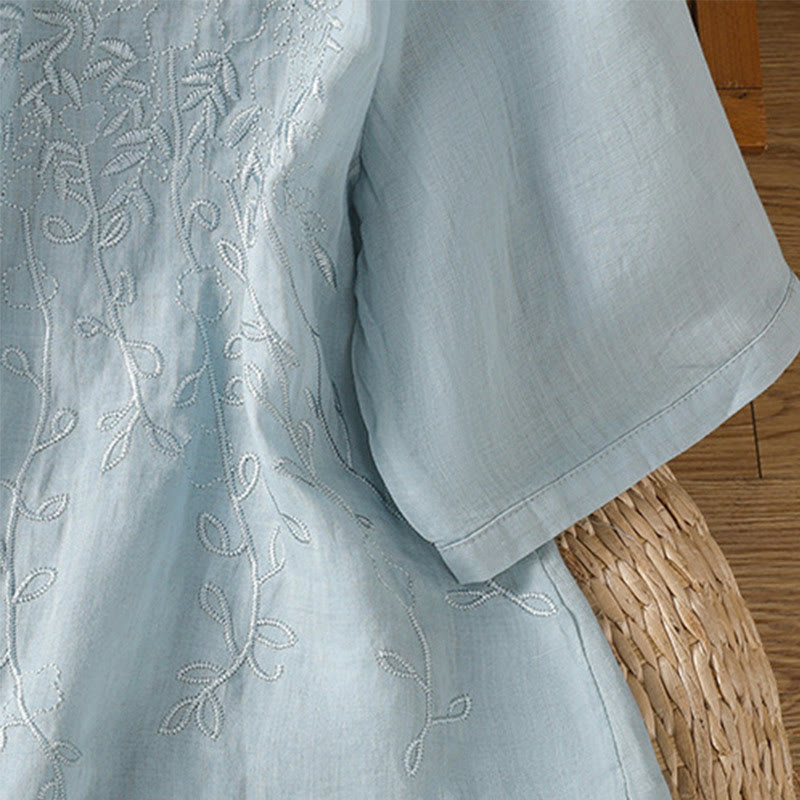 Camicia da donna in cotone a maniche corte con colletto rialzato, bottoni frontali ricamati con Buddha Stones