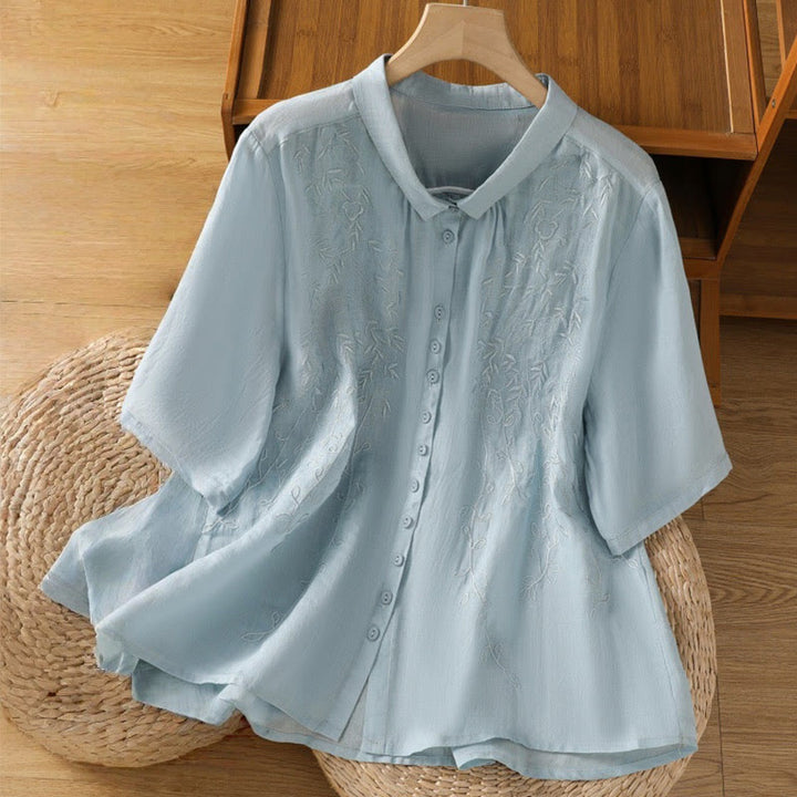 Camicia da donna in cotone a maniche corte con colletto rialzato, bottoni frontali ricamati con Buddha Stones