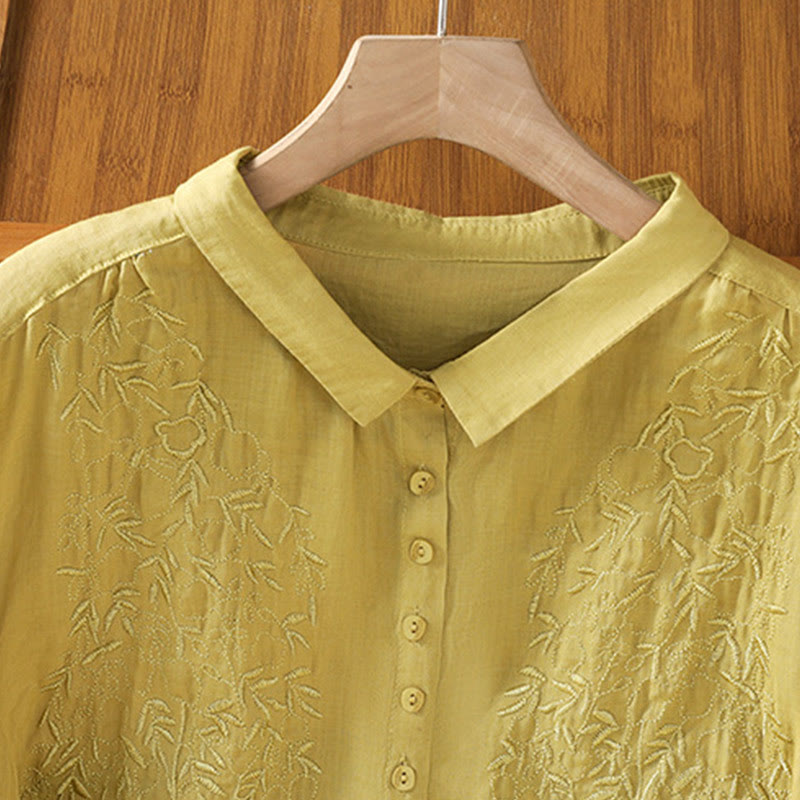 Camicia da donna in cotone a maniche corte con colletto rialzato, bottoni frontali ricamati con Buddha Stones