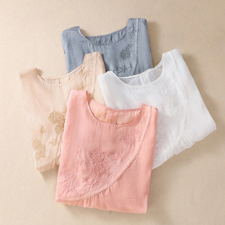 Camicia da donna in cotone e lino a maniche corte con scollo a giro e fiori ricamati con Buddha Stones