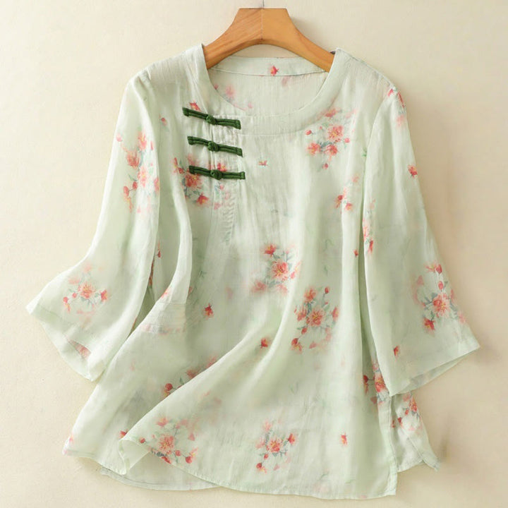 Camicia da donna in poliestere con maniche a tre quarti, stampata con Buddha Stones e bottoni a rana - Acquamarina - US8-10, UK/AU12-14, EU40-42 (2XL) - image 17