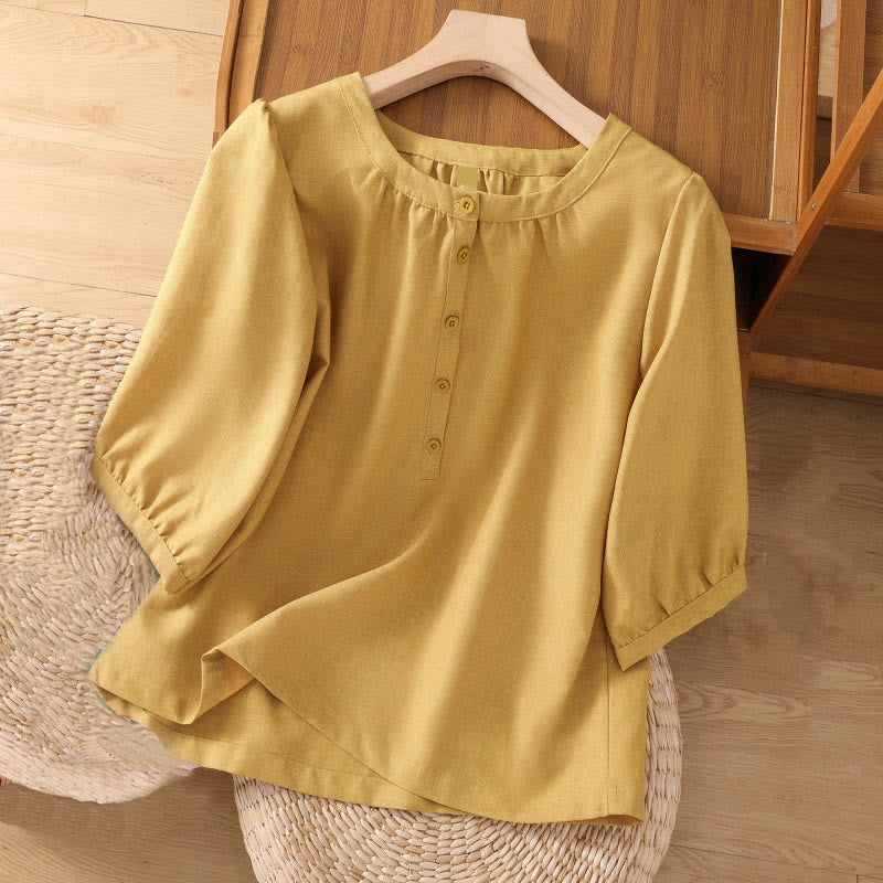 Camicia da donna in cotone e lino con maniche a tre quarti, motivo Buddha Stones, con scollo rotondo e bottoni semplici