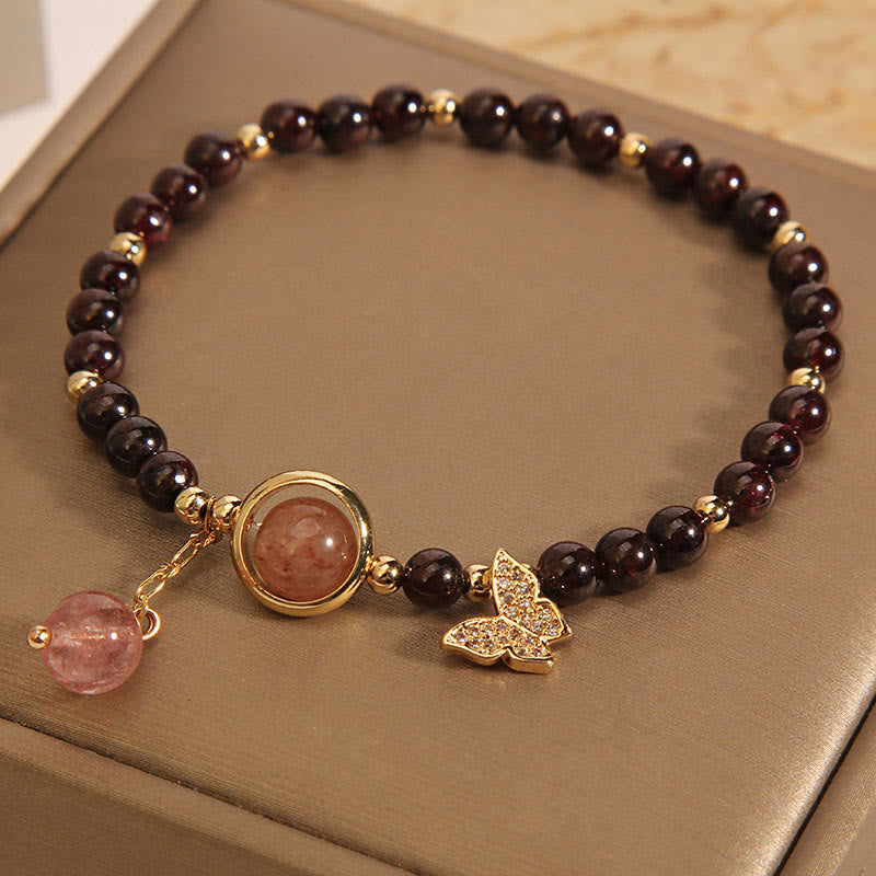 Bracciale Buddha Stones in quarzo fragola e granato naturale ultrasottile da 3 mm con effetto farfalla e calma