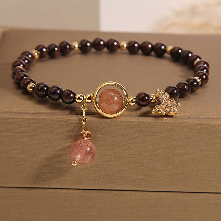 Bracciale Buddha Stones in quarzo fragola e granato naturale ultrasottile da 3 mm con effetto farfalla e calma