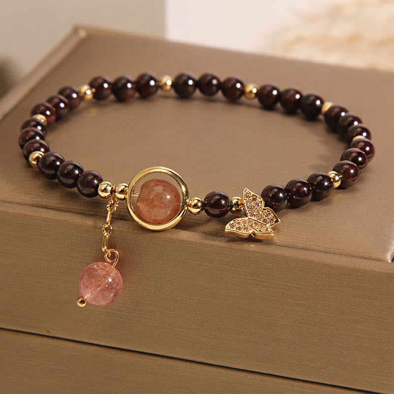 Bracciale Buddha Stones in quarzo fragola e granato naturale ultrasottile da 3 mm con effetto farfalla e calma