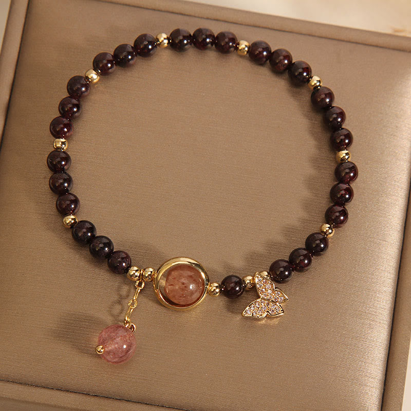 Bracciale Buddha Stones in quarzo fragola e granato naturale ultrasottile da 3 mm con effetto farfalla e calma