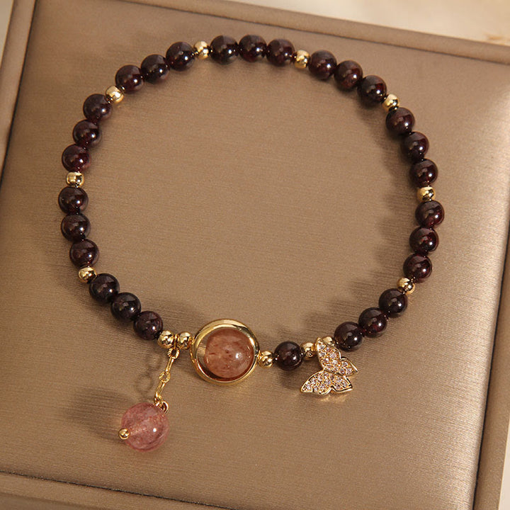 Bracciale Buddha Stones in quarzo fragola e granato naturale ultrasottile da 3 mm con effetto farfalla e calma