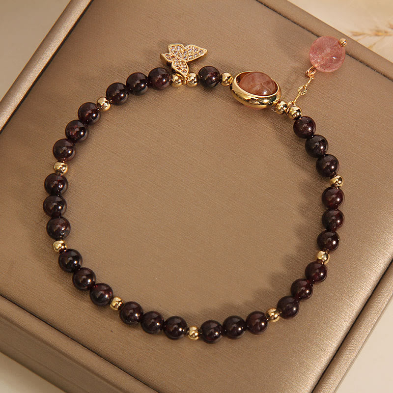Bracciale Buddha Stones in quarzo fragola e granato naturale ultrasottile da 3 mm con effetto farfalla e calma
