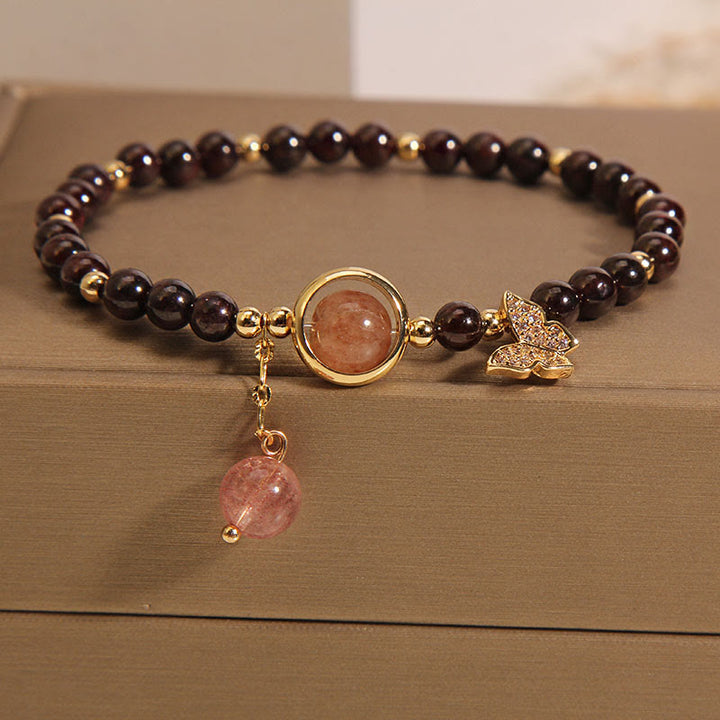 Bracciale Buddha Stones in quarzo fragola e granato naturale ultrasottile da 3 mm con effetto farfalla e calma