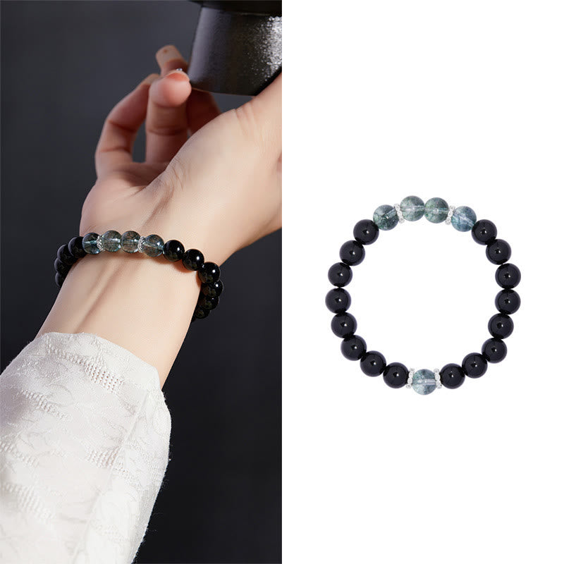 Bracciale Buddha Stones in argento sterling 925 con ossidiana nera e verde Phantom Strength