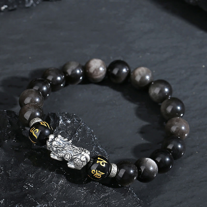 Bracciale Buddha Stones in argento sterling 999 PiXiu con ossidiana nera naturale
