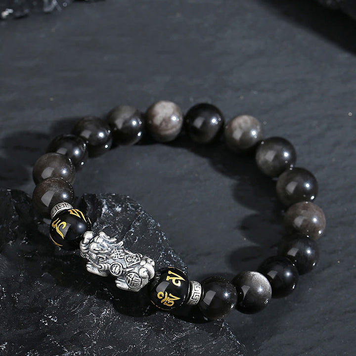 Bracciale Buddha Stones in argento sterling 999 PiXiu con ossidiana nera naturale