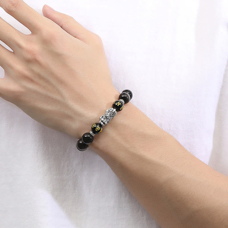 Bracciale Buddha Stones in argento sterling 999 PiXiu con ossidiana nera naturale