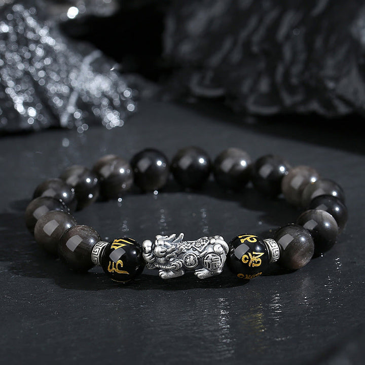 Bracciale Buddha Stones in argento sterling 999 PiXiu con ossidiana nera naturale