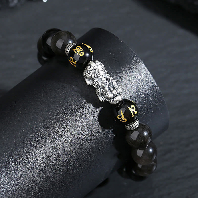 Bracciale Buddha Stones in argento sterling 999 PiXiu con ossidiana nera naturale
