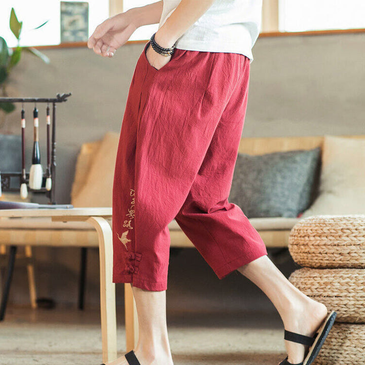 Buddha Stones Pantaloni harem da uomo in cotone con ricamo a gru e tasche - image 33