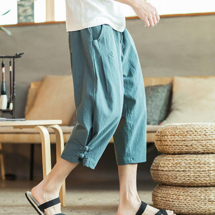 Buddha Stones Pantaloni harem da uomo in cotone con ricamo a gru e tasche - image 2