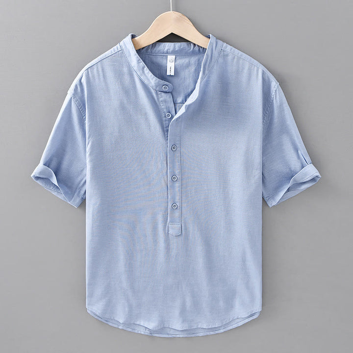 Camicia da uomo in cotone e lino a maniche corte con bottoni a metà tinta unita, modello Buddha Stones