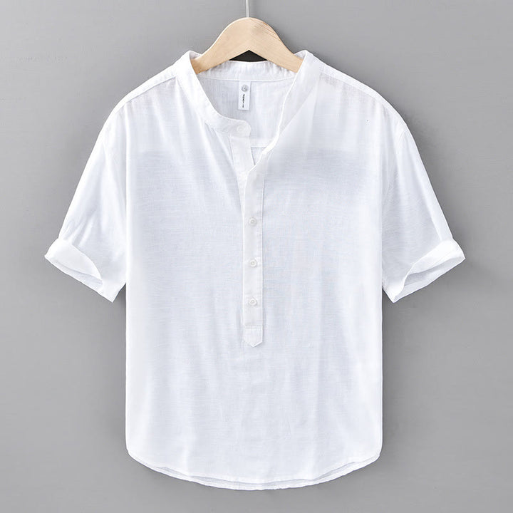 Camicia da uomo in cotone e lino a maniche corte con bottoni a metà tinta unita, modello Buddha Stones
