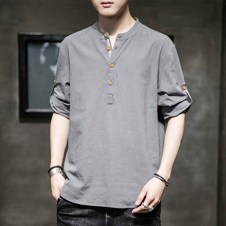 Camicia da uomo in lino con maniche corte e bottoni a metà polpaccio, modello Buddha Stones Summer Solid