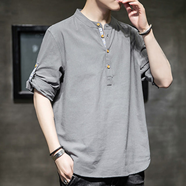 Camicia da uomo in lino con maniche corte e bottoni a metà polpaccio, modello Buddha Stones Summer Solid