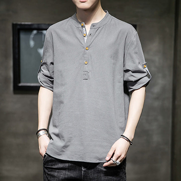 Camicia da uomo in lino con maniche corte e bottoni a metà polpaccio, modello Buddha Stones Summer Solid