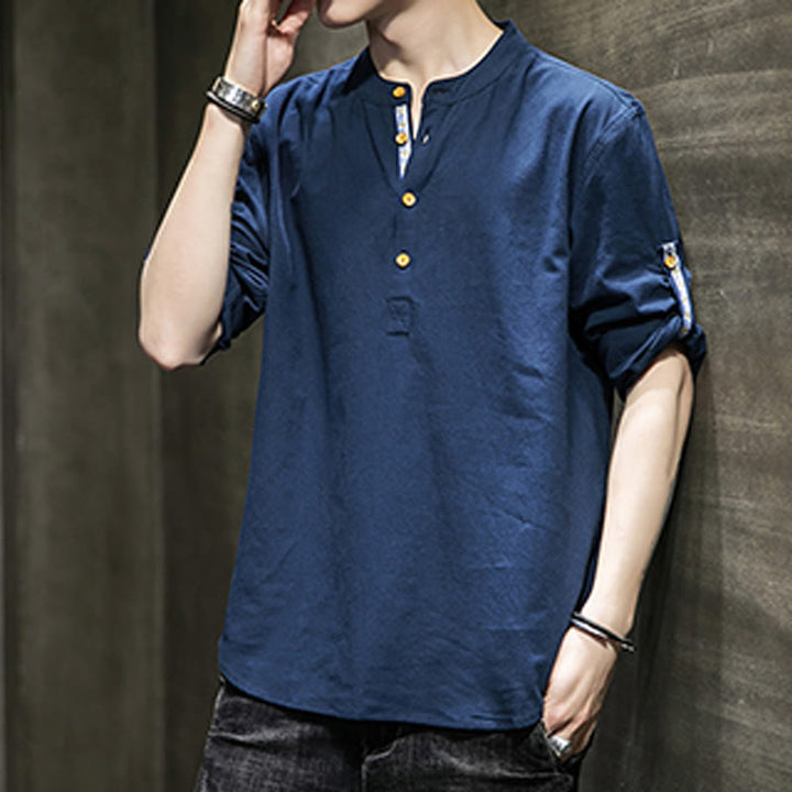 Camicia da uomo in lino con maniche corte e bottoni a metà polpaccio, modello Buddha Stones Summer Solid