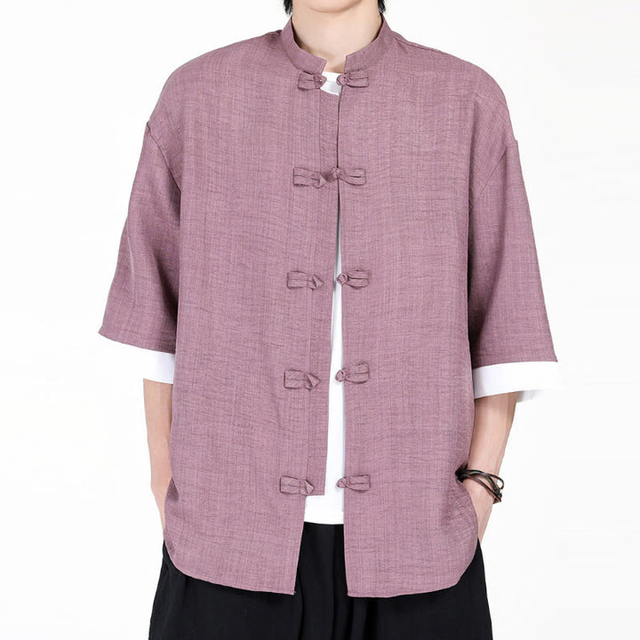 Camicia da uomo a mezza manica con bottoni a rana, modello Buddha Stones, in tinta unita