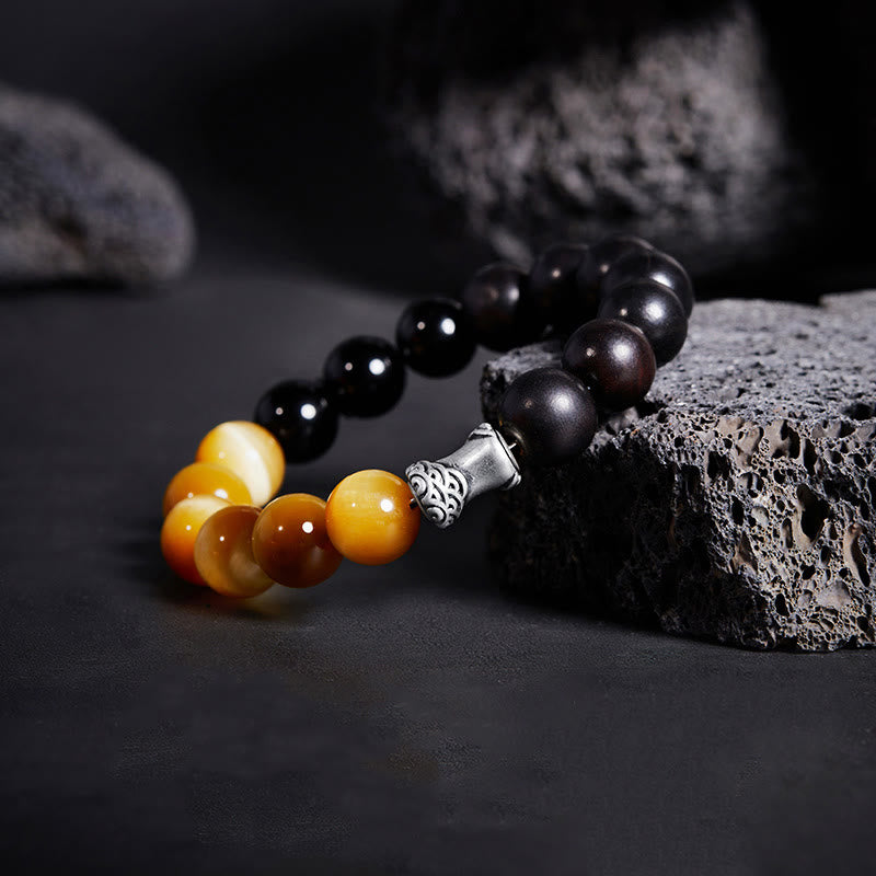 Bracciale relax Buddha Stones in argento sterling 999, ebano, occhio di tigre, ossidiana nera