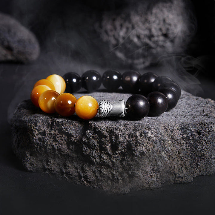 Bracciale relax Buddha Stones in argento sterling 999, ebano, occhio di tigre, ossidiana nera