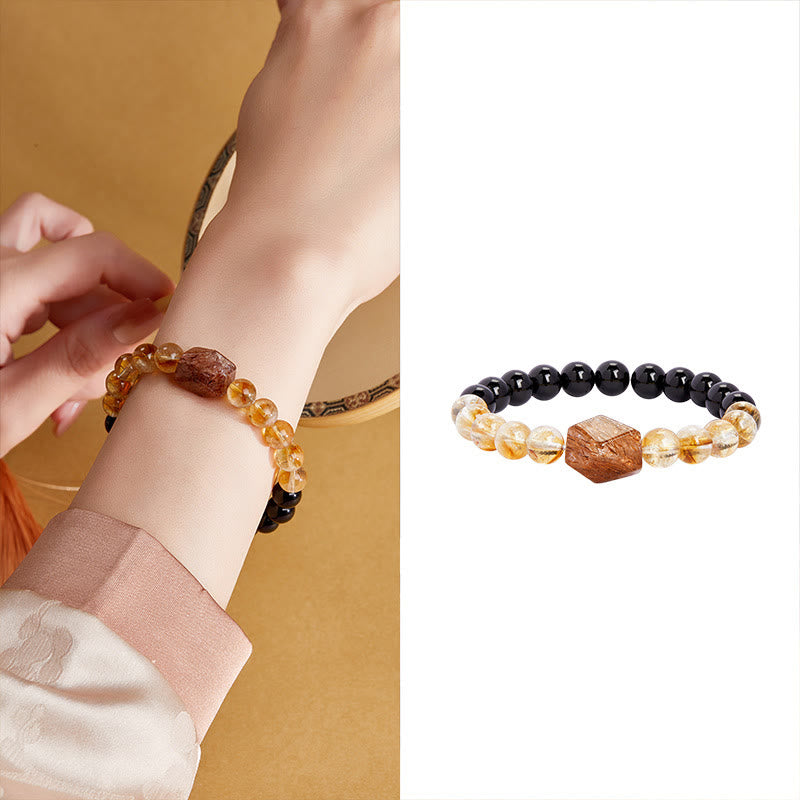 Bracciale Buddha Stones con cristalli di ossidiana nera naturale e citrino Super Seven Strength