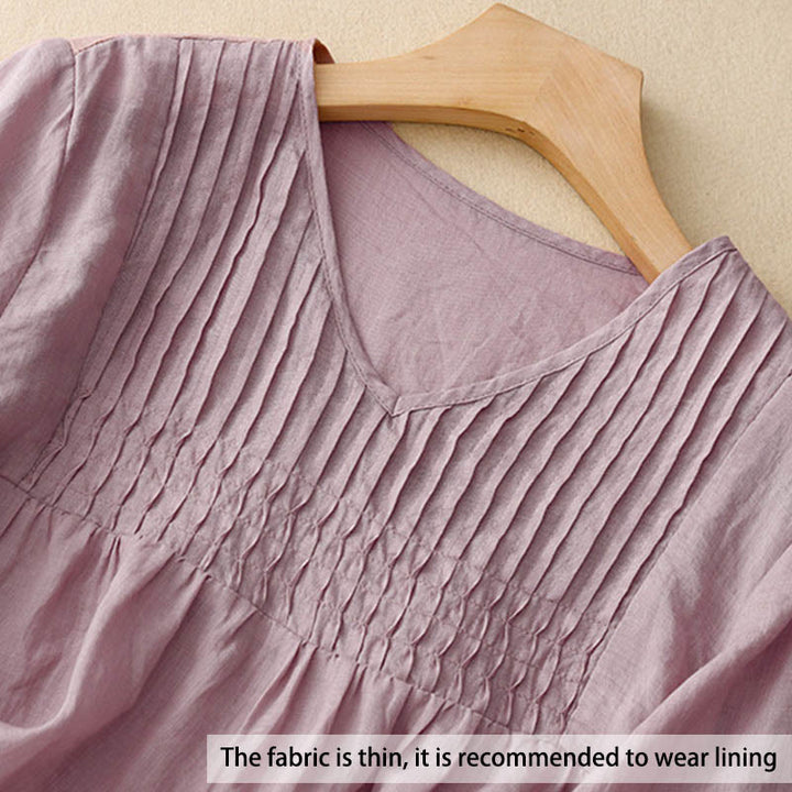 Camicia da donna in cotone a maniche corte, casual, ampia e semplice, con scollo a V e motivo Buddha Stones - image 3
