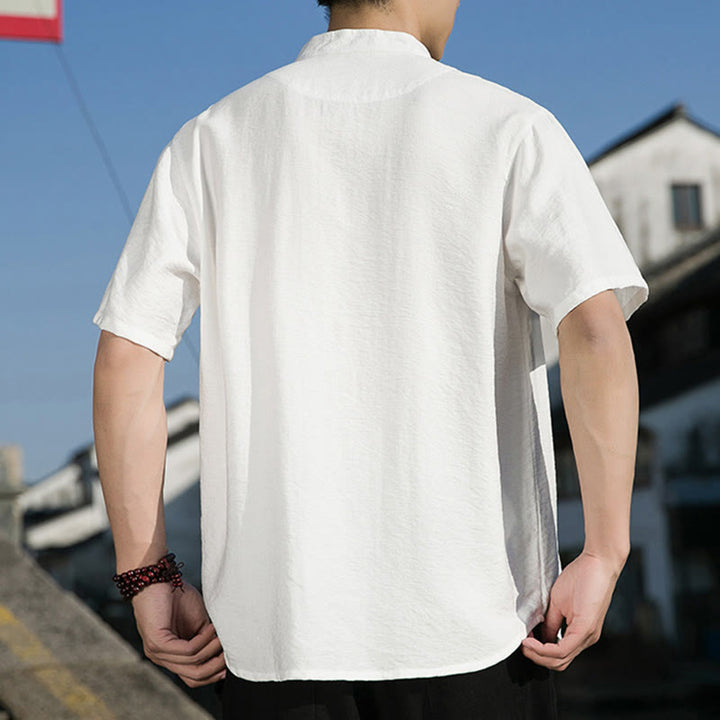 Camicia da uomo in cotone a mezza manica con bottoni frontali, tinta unita, estate, motivo Buddha Stones