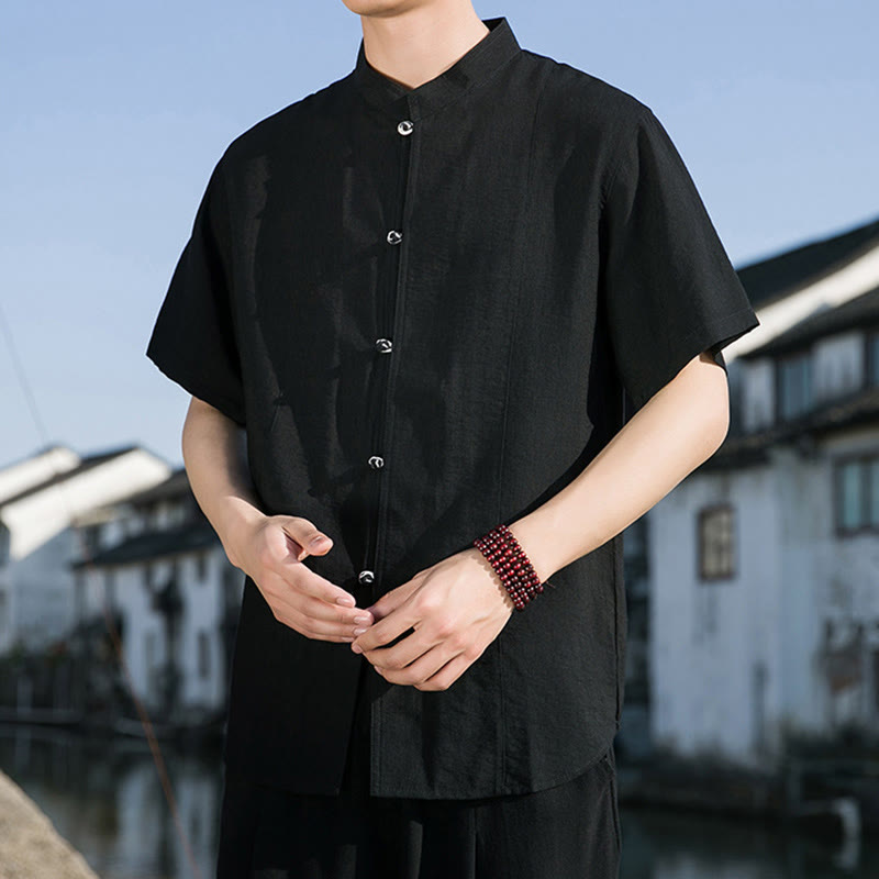 Camicia da uomo in cotone a mezza manica con bottoni frontali, tinta unita, estate, motivo Buddha Stones