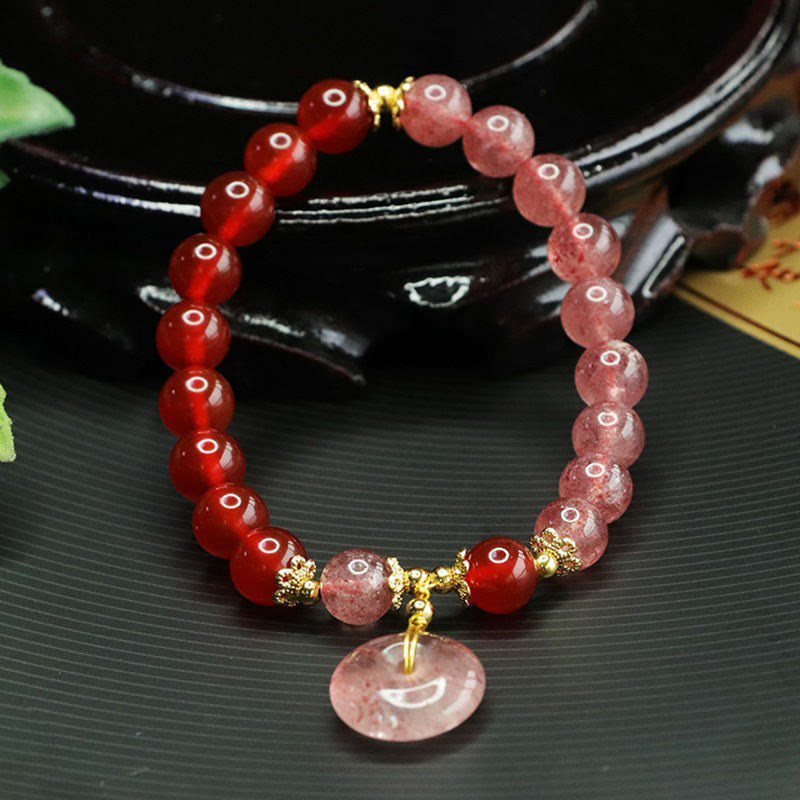 Bracciale Buddha Stones con quarzo fragola e agata rossa, fibbia della pace e fortuna positiva