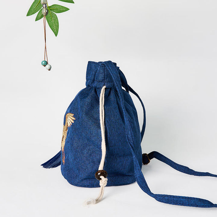 Borsa a tracolla in cotone e lino con gru blu navy ricamata con Buddha Stones