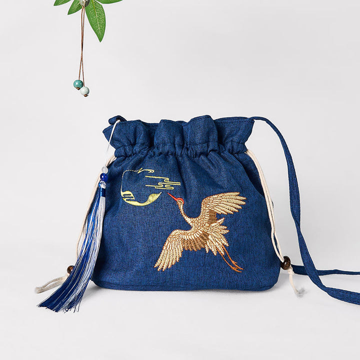 Borsa a tracolla in cotone e lino con gru blu navy ricamata con Buddha Stones