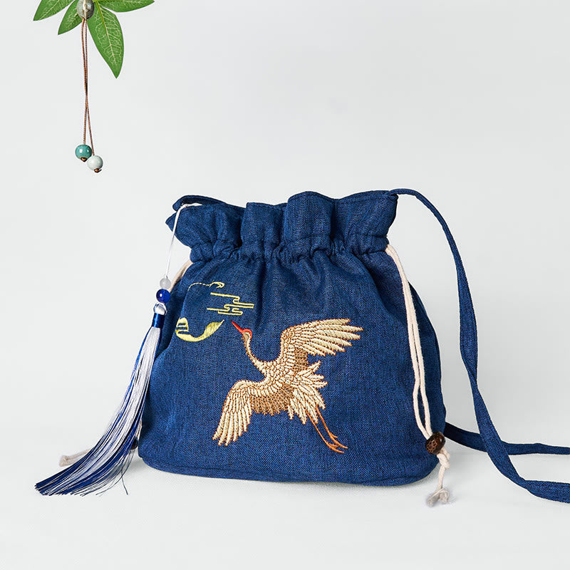 Borsa a tracolla in cotone e lino con gru blu navy ricamata con Buddha Stones