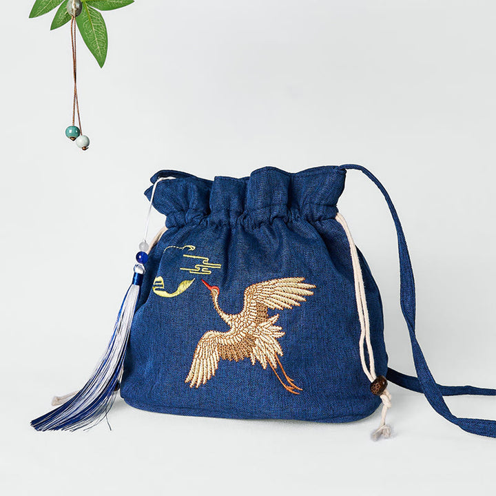 Borsa a tracolla in cotone e lino con gru blu navy ricamata con Buddha Stones