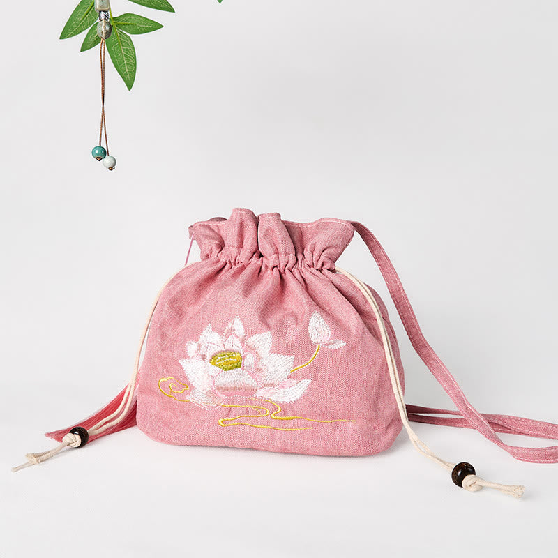Borsa a tracolla in cotone e lino con ricamo Buddha Stones , colore: Rosa chiaro, motivo: Loto