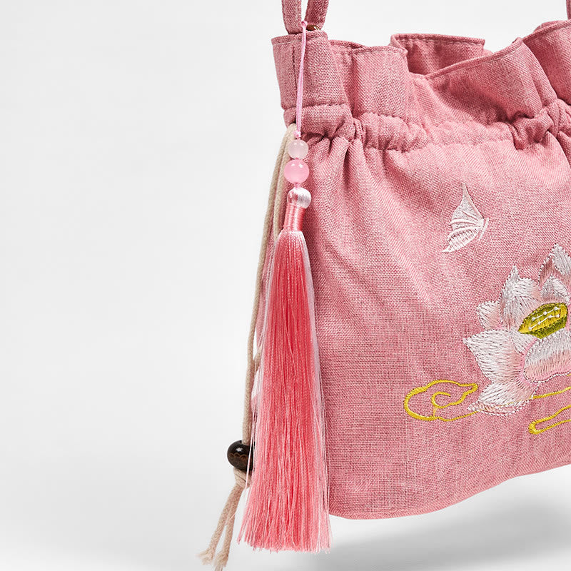 Borsa a tracolla in cotone e lino con ricamo Buddha Stones , colore: Rosa chiaro, motivo: Loto