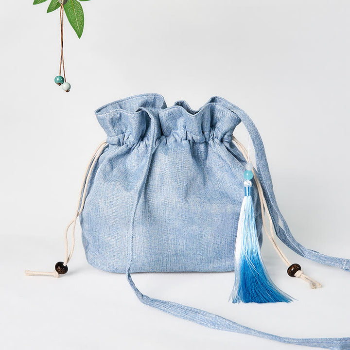 Borsa a tracolla in cotone e lino con Buddha Stones ricamate, fata azzurra, cervo, nuvole di buon auspicio