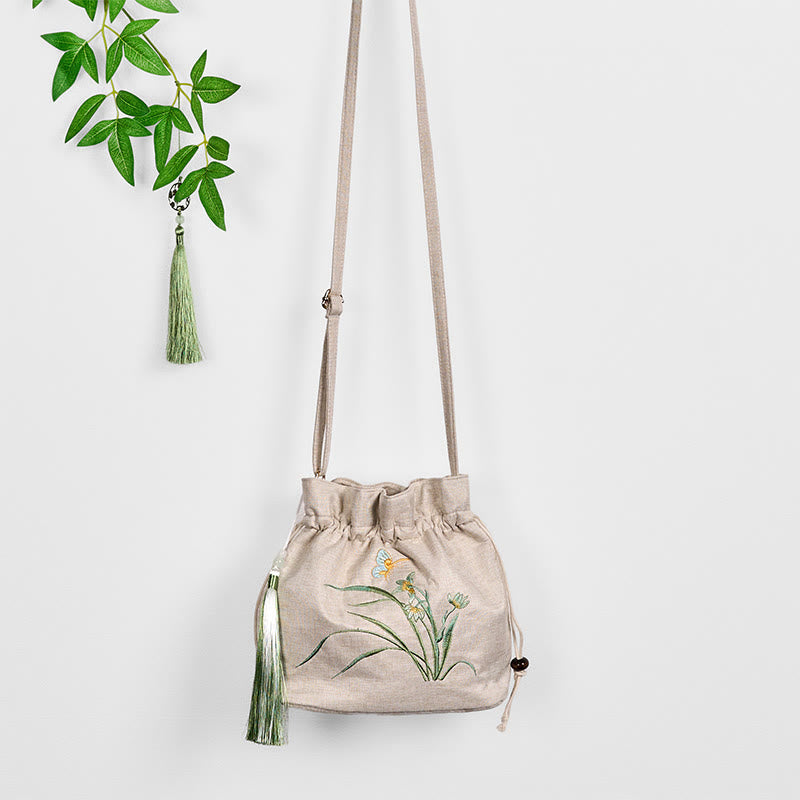 Borsa a tracolla in cotone e lino con Buddha Stones ricamate in beige, motivo: erba orchidea
